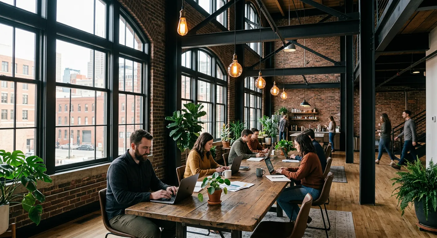 Loft office with brick walls and people working at long tables