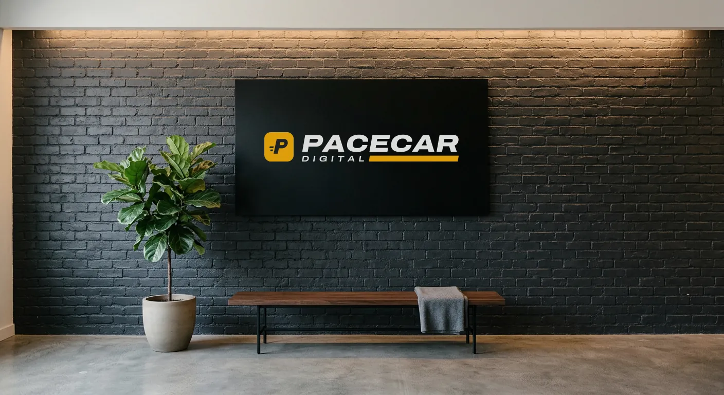 Pacecar Digital logo on a charcoal brick wall