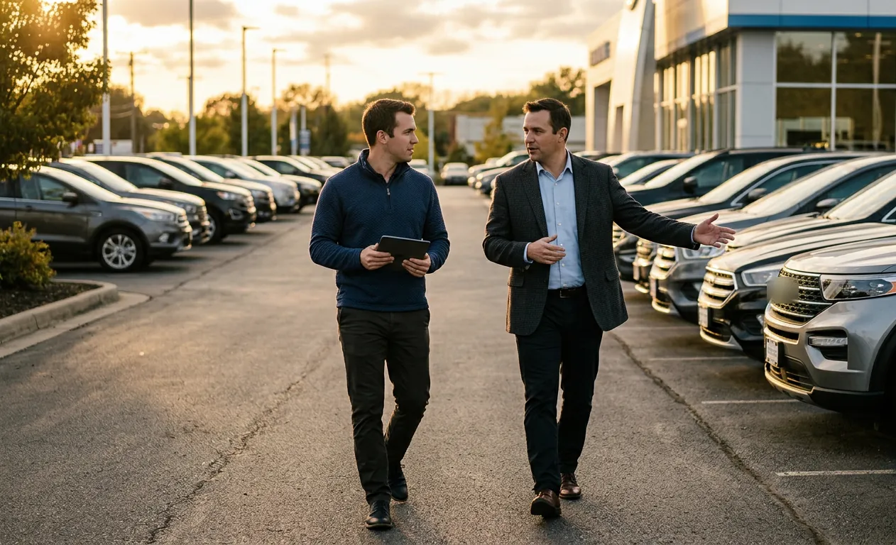 Two people walking a dealership lot in conversation