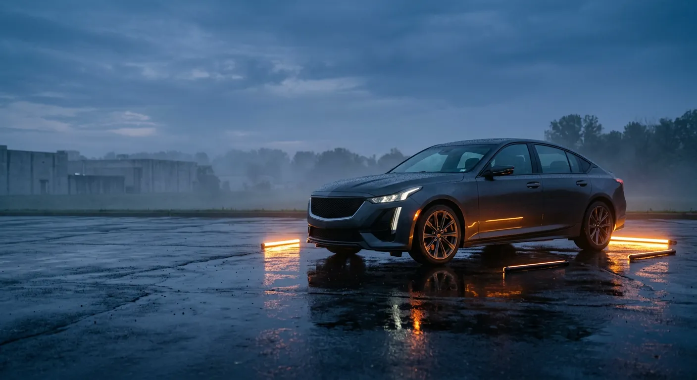 Charcoal sedan on wet asphalt at dawn with amber lights reflecting