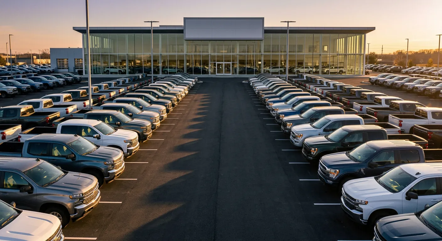 Dealership lot at golden hour with rows of pickups