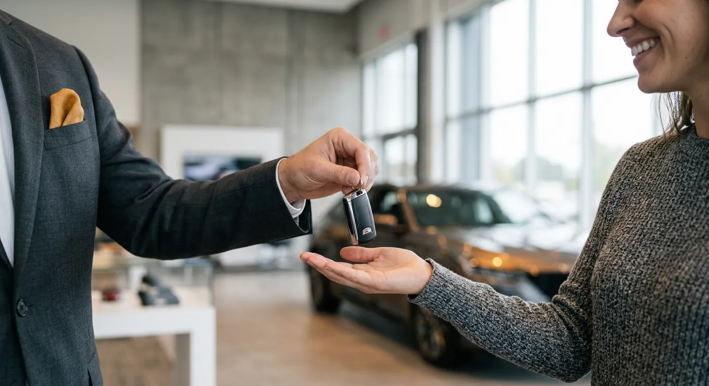 Salesperson handing a car key to a smiling customer