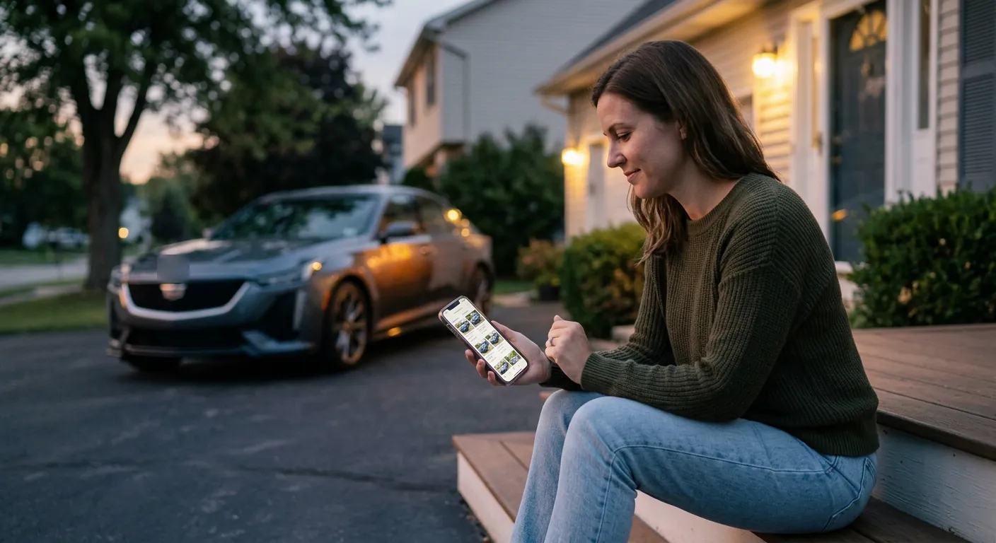Woman browsing vehicle listings on her phone on her front steps