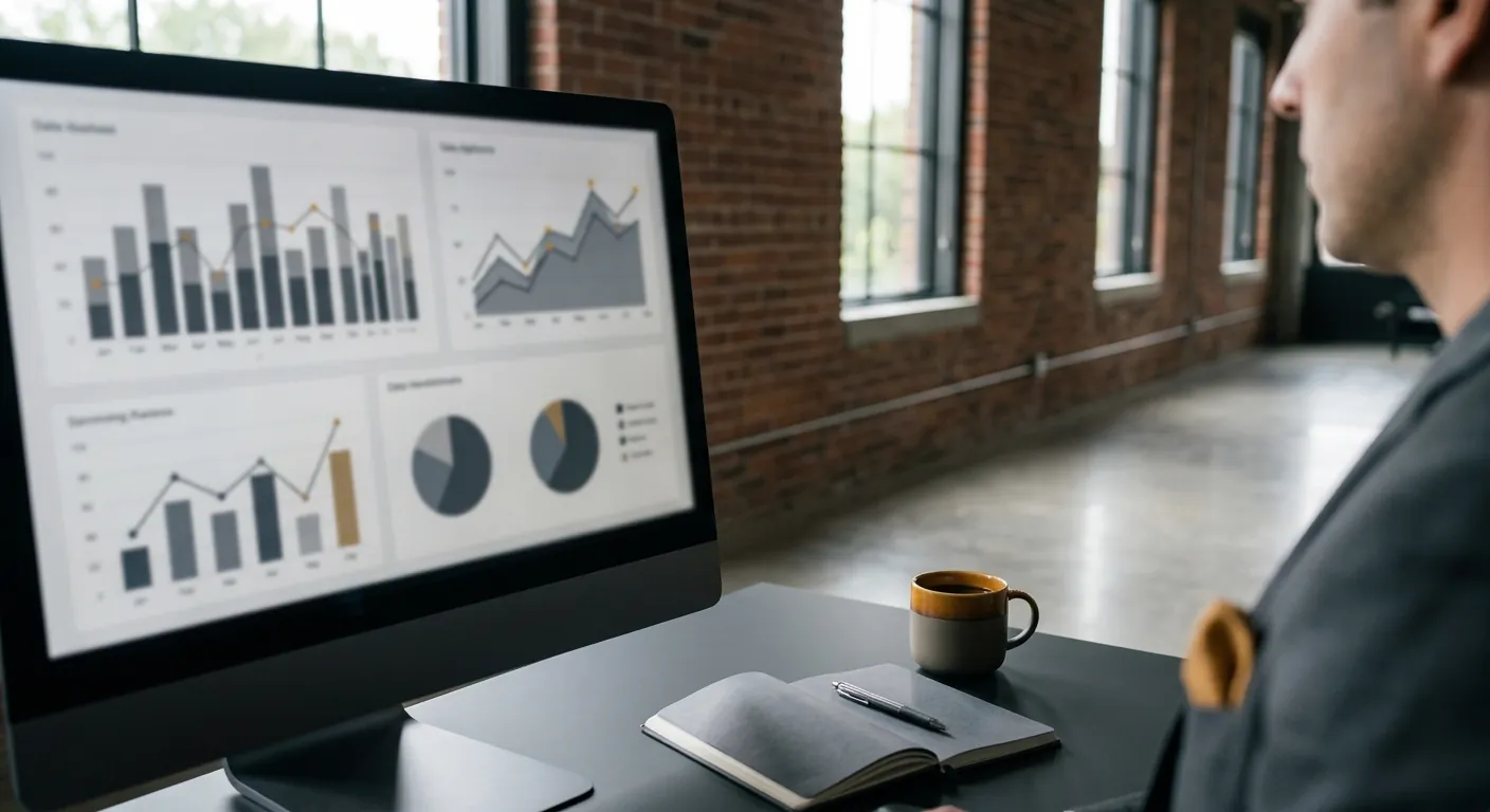 Marketing dashboard with charts on a monitor in a brick office