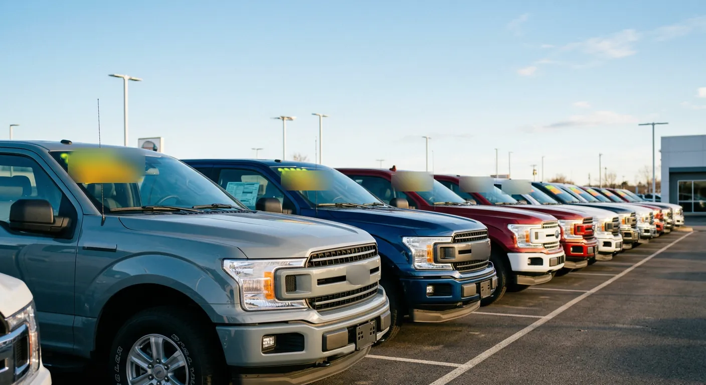 Row of used pickup trucks on a dealership lot