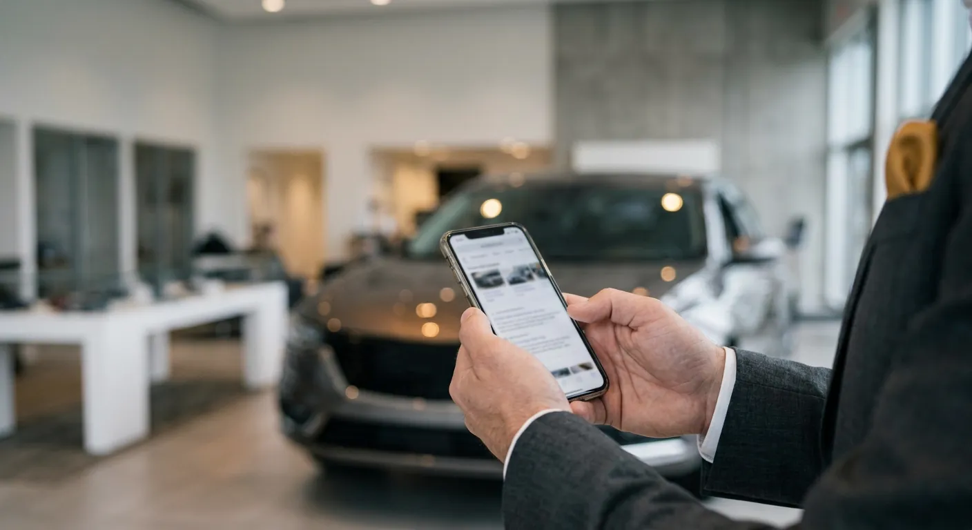 Hand holding a phone with search results inside a showroom