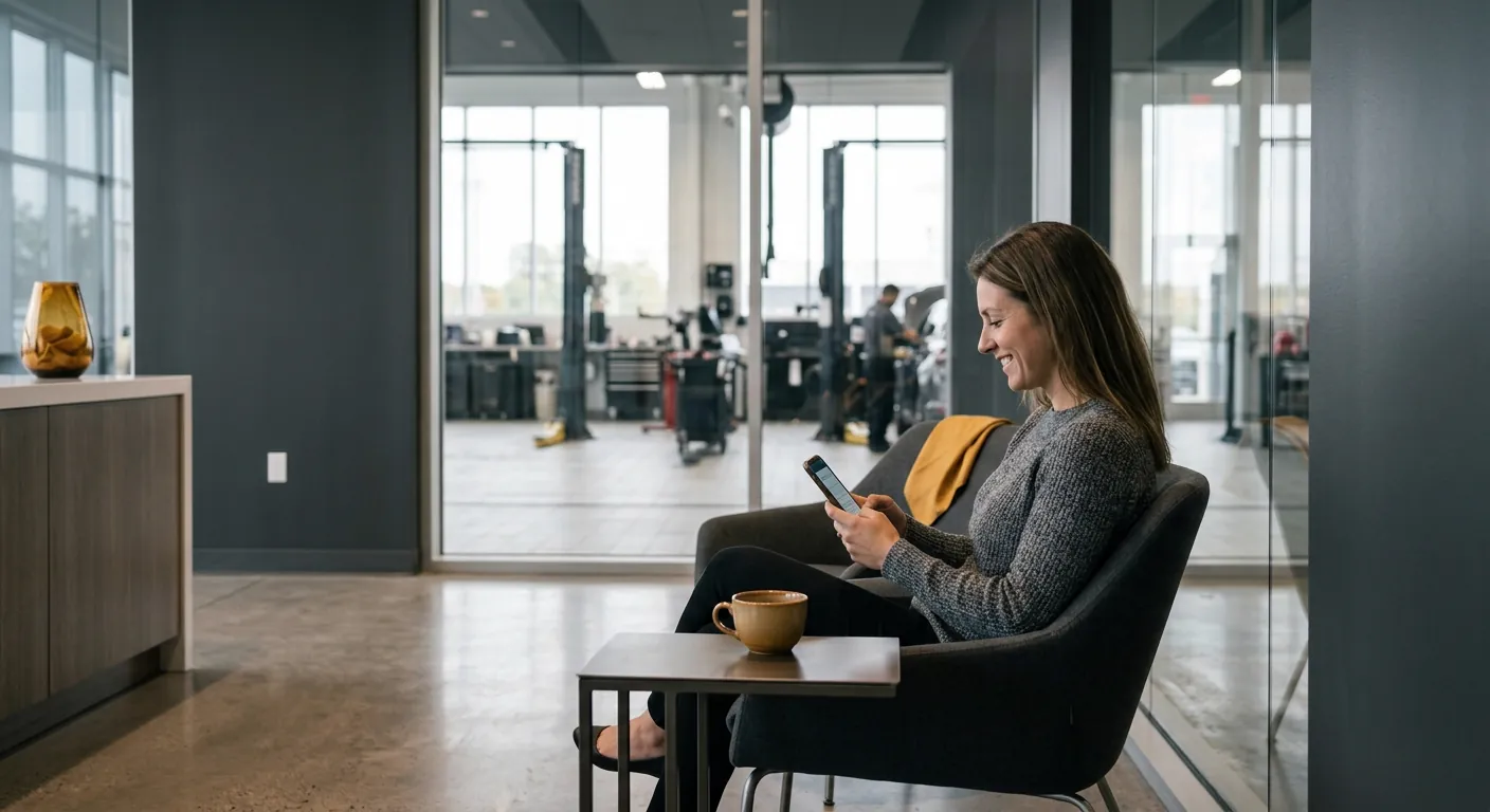 Customer smiling at her phone in a dealership service lounge