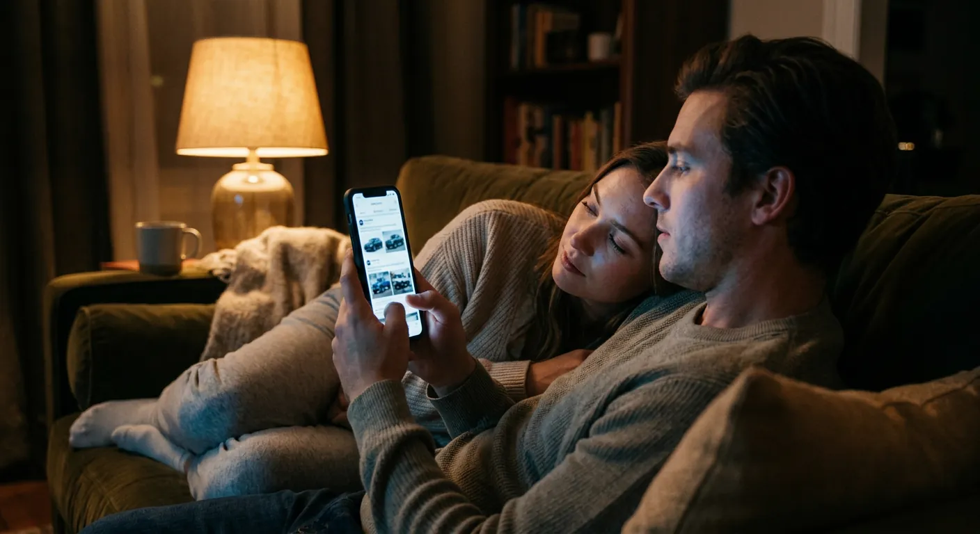 Couple on a couch at night scrolling vehicles on a phone