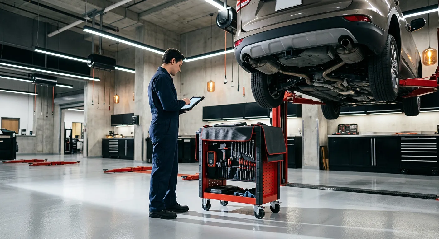 Service technician with a tablet beside an SUV on a lift