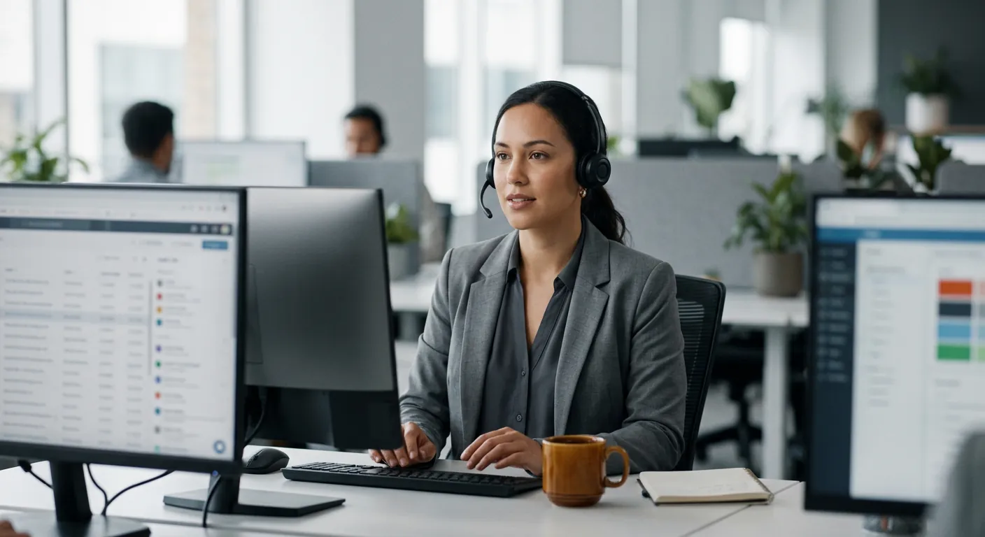 Dealership BDC representative with a headset at her desk