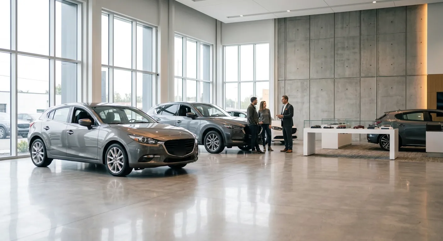 Bright new-car showroom with a couple talking to a salesperson