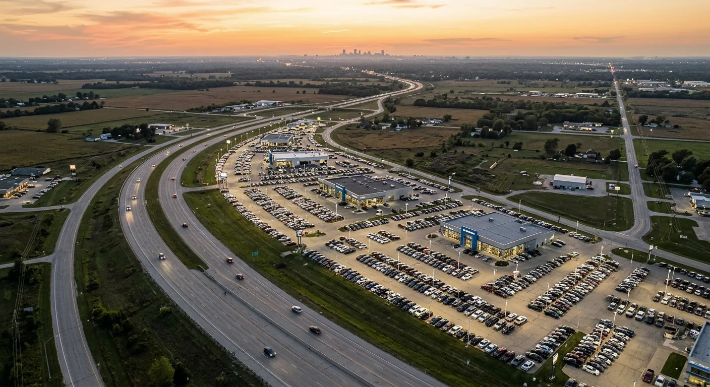Aerial view of dealerships along a highway at sunset