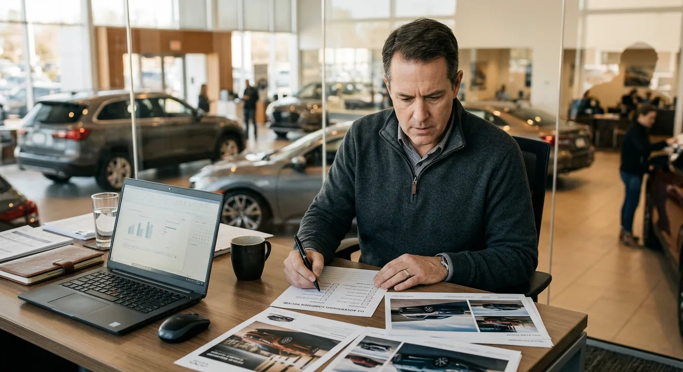 Dealership general manager reviewing ad proofs at his desk